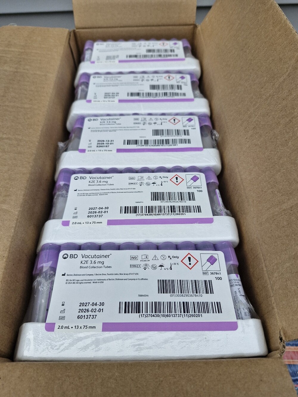 BD Vacutainer 367861 K2 EDTA 7.2mg 4mL Lavender Blood Tubes 1000 Case